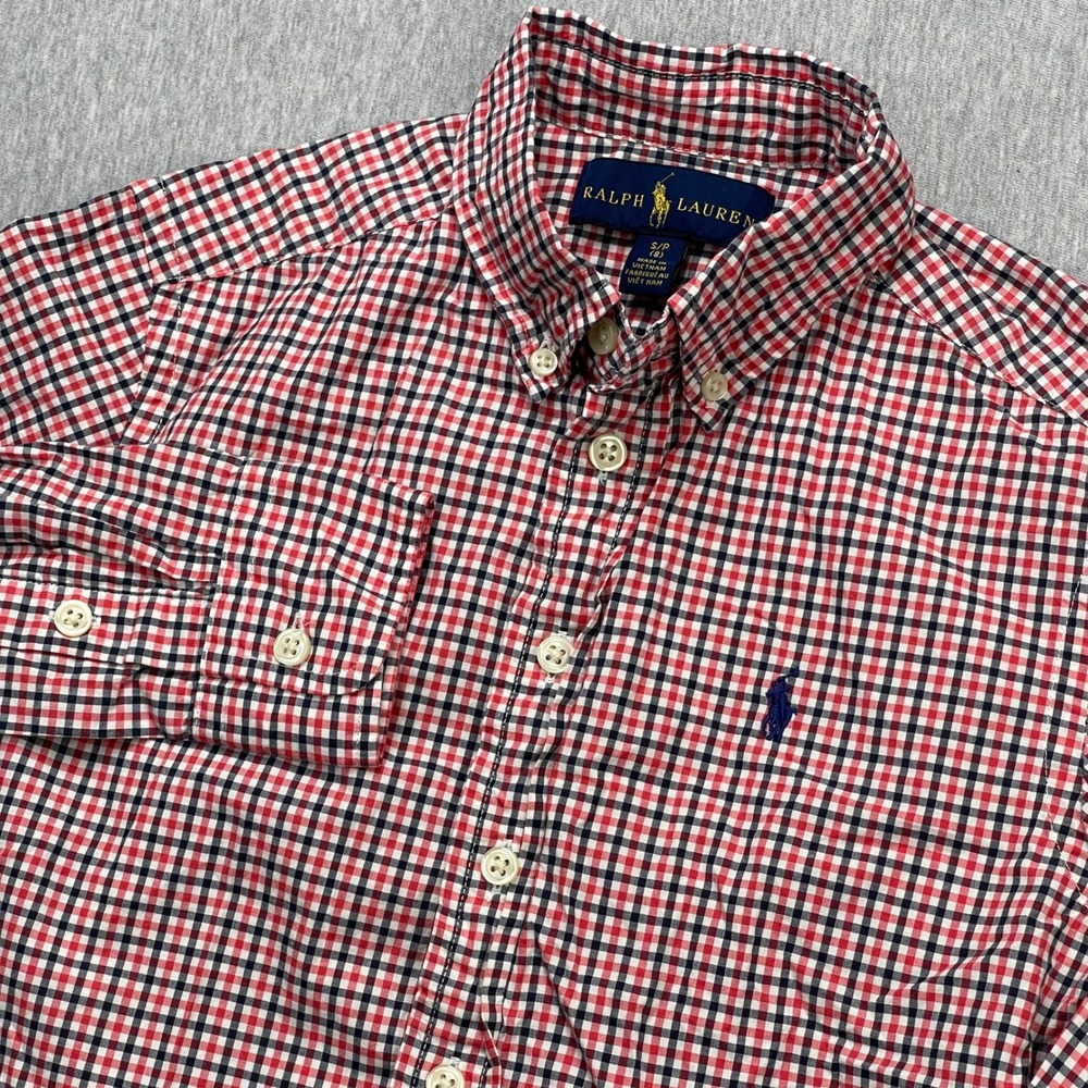 Ralph Lauren Button-Down Shirt Boys S 8 Gingham Red White Black Check Plaid EUC